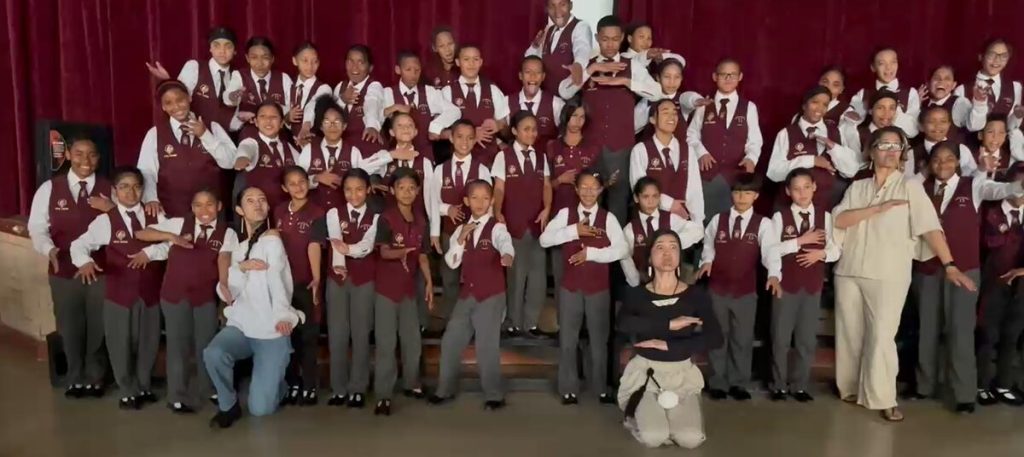 Yellowwood Primary School choir members and Maori visitors from New Zealand show off their haka moves.
