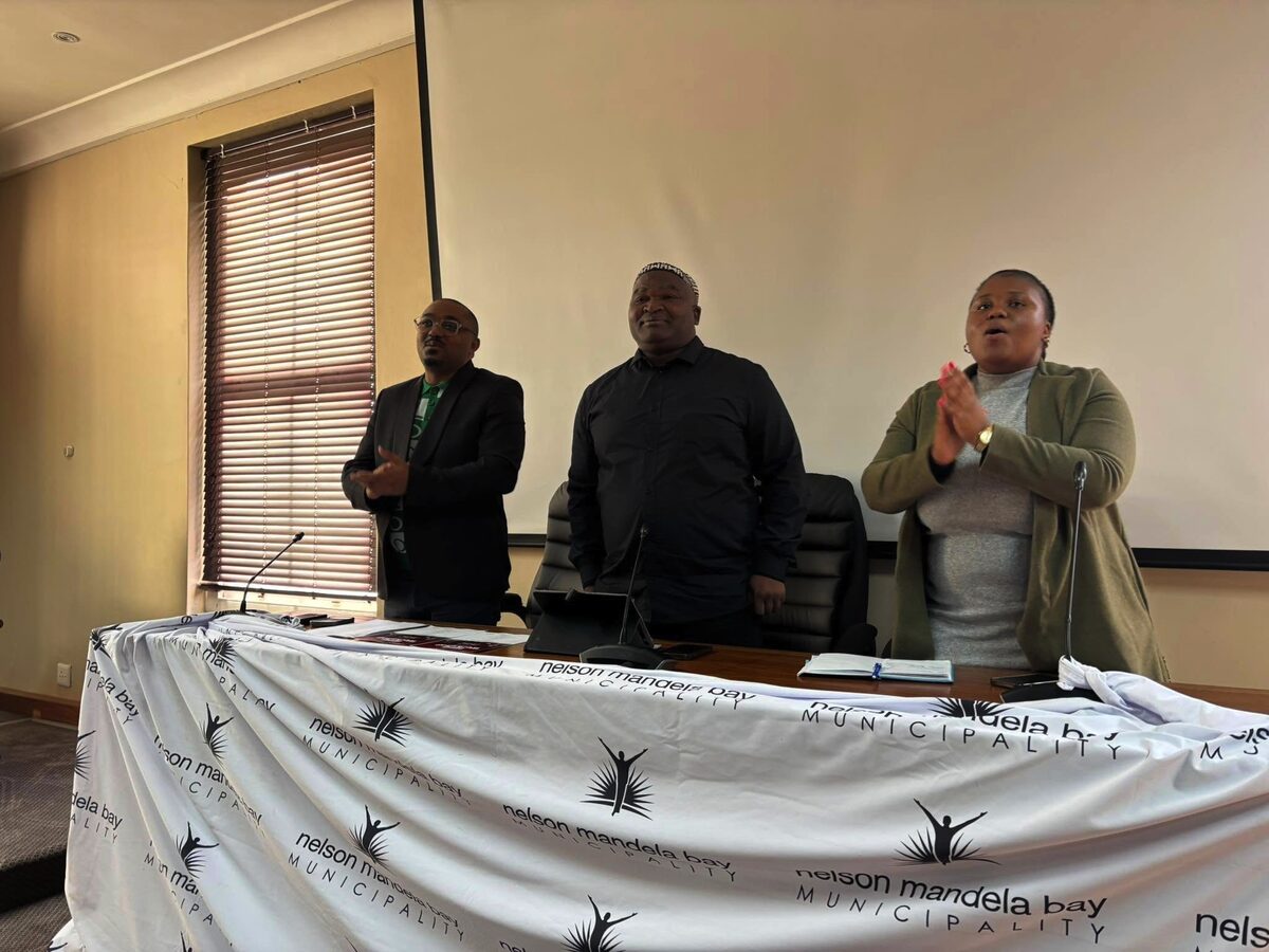 From left are Acting Executive Director, Wandisile Makwabe, Portfolio Head, Councillor Bassie Kamana, and Yandisa Jubase from the National Youth Development Agency leading the SMME workshop at Kariega Town Hall.