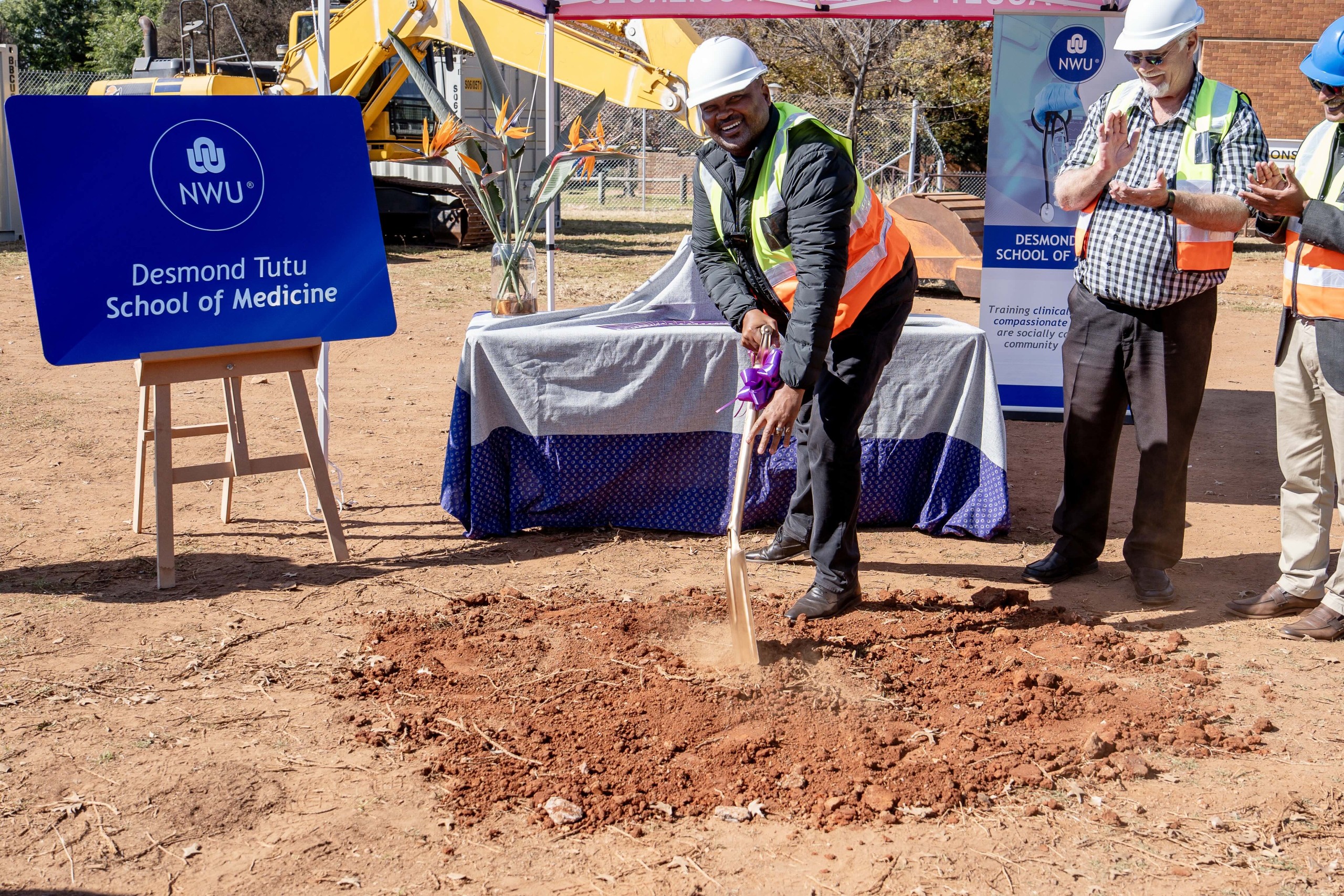 Prof Bismark Tyobeka turns the first sod here where the NWU Desmond Tutu School of Medicine will be built at the Potchefstroom campus.