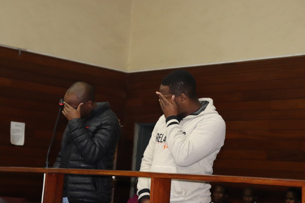 Two suspects accused of kidnapping Theresa Minnie hid their face when media was granted permission to photograph them.