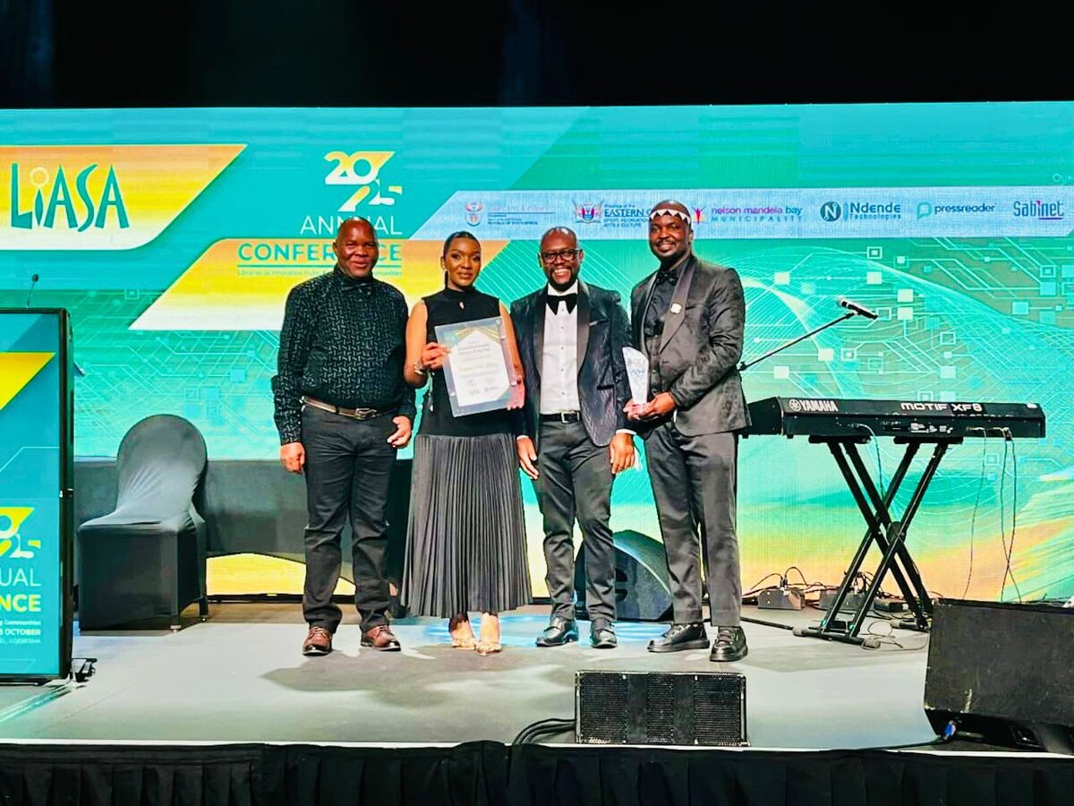 Kirkwood Library in Nqweba has been named this year's winner of the prestigious LIASA-Ndende Public/Community Library of the Year Award at the Library and Information Association of South Africa (LIASA) 2025 Conference. From left are LIASA President-Elect Professor Lefose Makgahlela, Anezwa Sibewu (Kirkwood Librarian), Lonwabo Heleni (SRVM Chief Librarian) and Eddy Mabuza Ndende Technologies CEO.