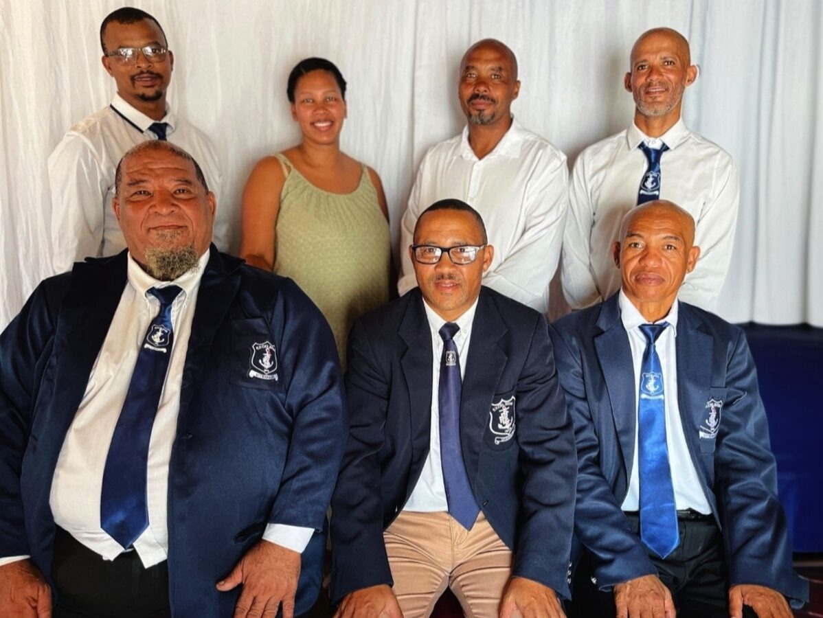 The Excelsior RFC's committee are, at the back from left, Steven Minnie (Sponsorship), Lécoln Hanse (Treasurer), Reginald Potgieter (Coaching and Development) and Linken Jansen (Deputy Chairman). In front are George Maarman (Chairman), Andrey Davids (President) and Eric van Willing (Secretary). Absent: Rhyno van Heerden (Players Affairs) and Joseph Pylett (Fundraising).