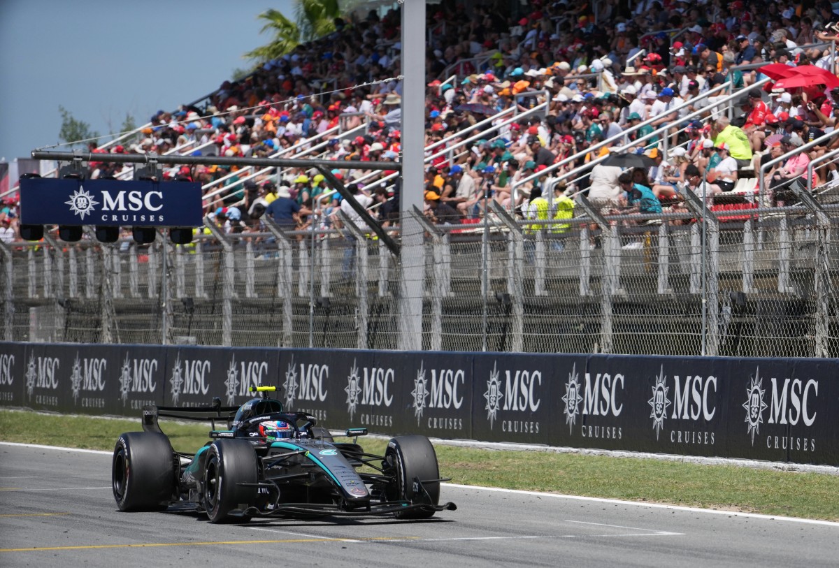 Mercedes' Italian driver Kimi Antonelli exits the pit stop during the Catalonia Formula One Grand Prix