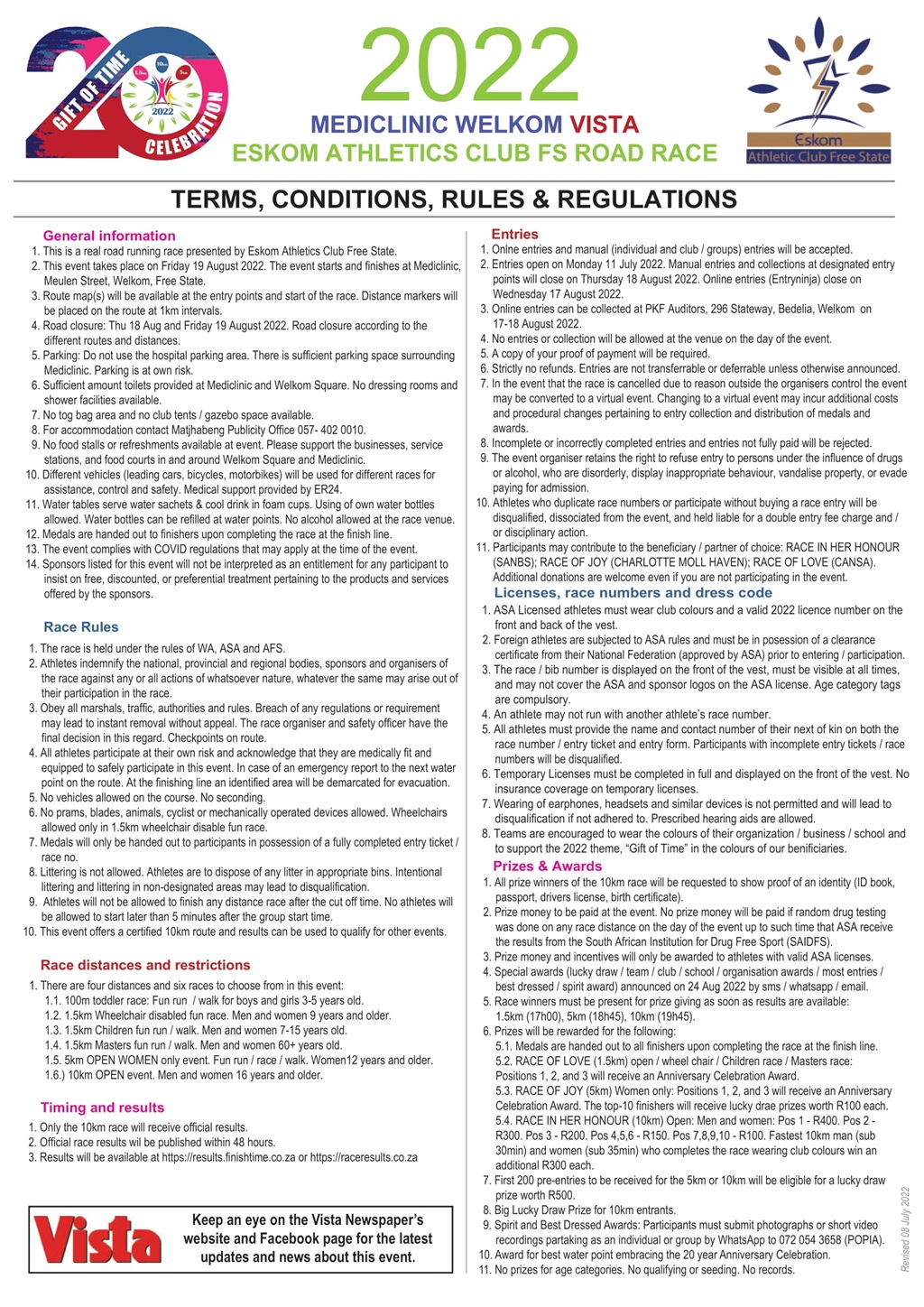 Entires for the annual Mediclinic Vista Eskom Athl