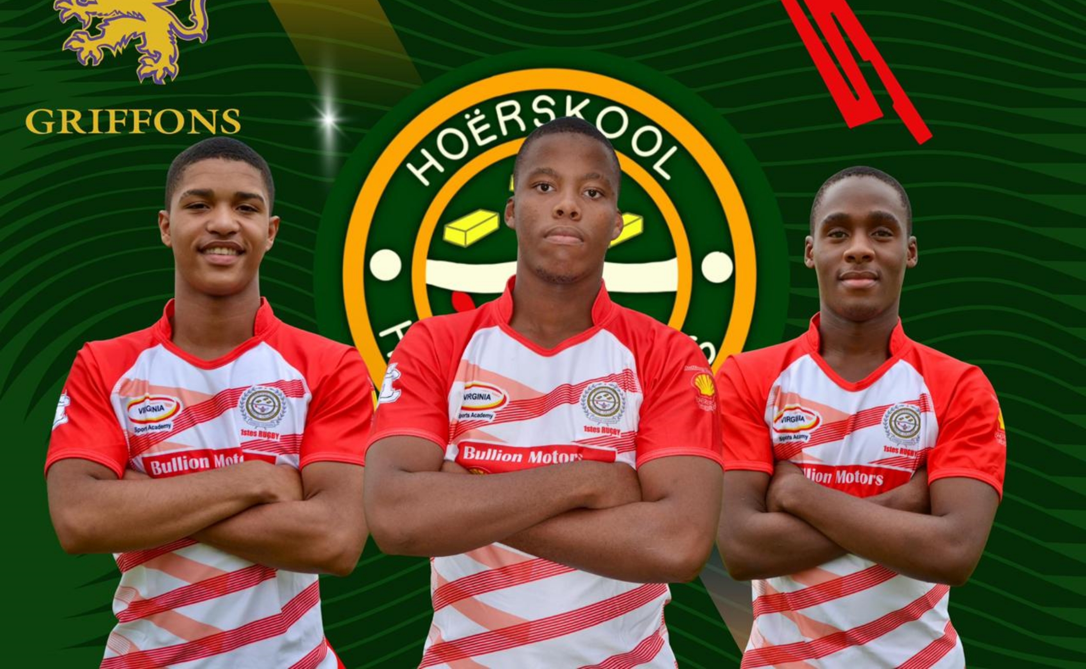 Van links is die o. 17 Griffons spelers, Monray Mostert, Alex Matlou n Neo Oliphant