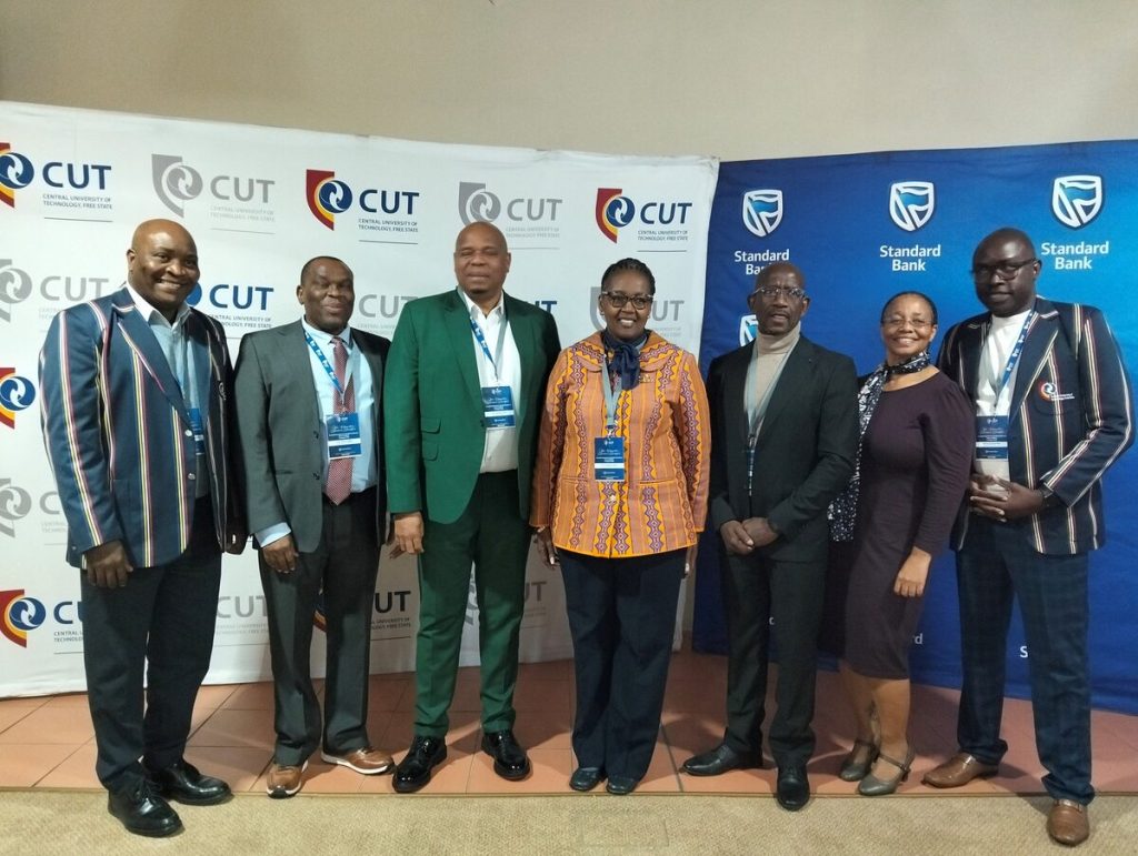 Some dignitaries and members of the Central University of Technology's (CUT) management team who attended the Vice-Chancellor's Business Breakfast in Welkom are, from the left, Qondakele Sompondo, Prof. David Ngidi, Setumo Llale, Prof. Pamela Dube, Dr Joe Molete, Dr Choice Makhetha, and Mili Nemutshili. The function was held at the Au Jardin Guest House and Conference facility in Riebeeckstad.  Photo: Marti Will