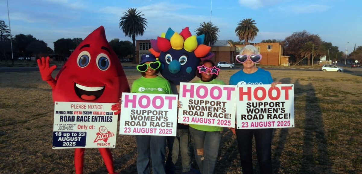 From the left, Blood Buddy, Genevieve Heyns (Engo), Omgie, Amelia Nenzhelele (Engo) and Mitzi Heiriss Vosloo (Engo). These mascots and the organisers have banded together to remind the greater Matjhabeng community to care for one another. Photo: Supplied