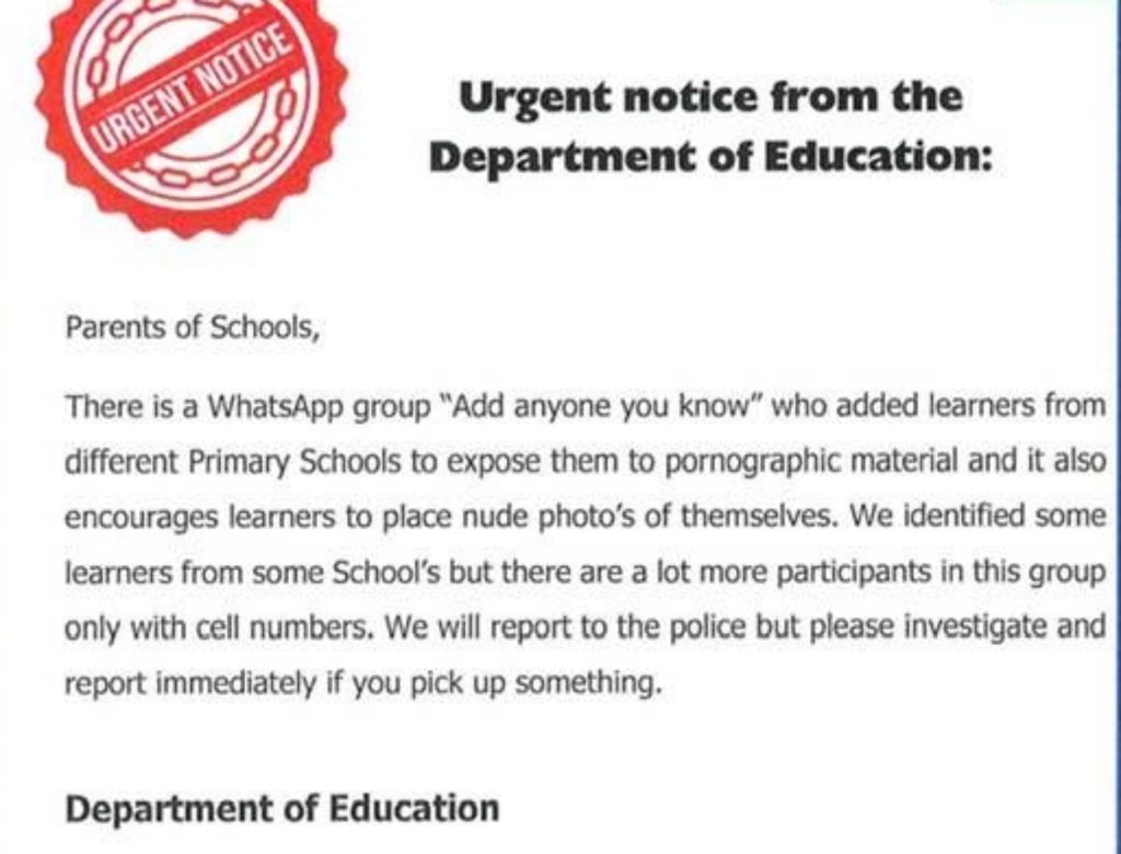 Concerned parents alert local authorities about WhatsApp groups promoting explicit content among primary school children.
