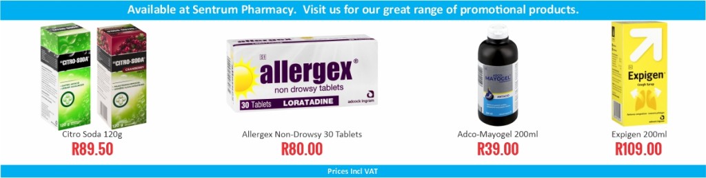 Promotional products on sale at Sentrum Pharmacy Welkom, including Citro Soda and Allergex.