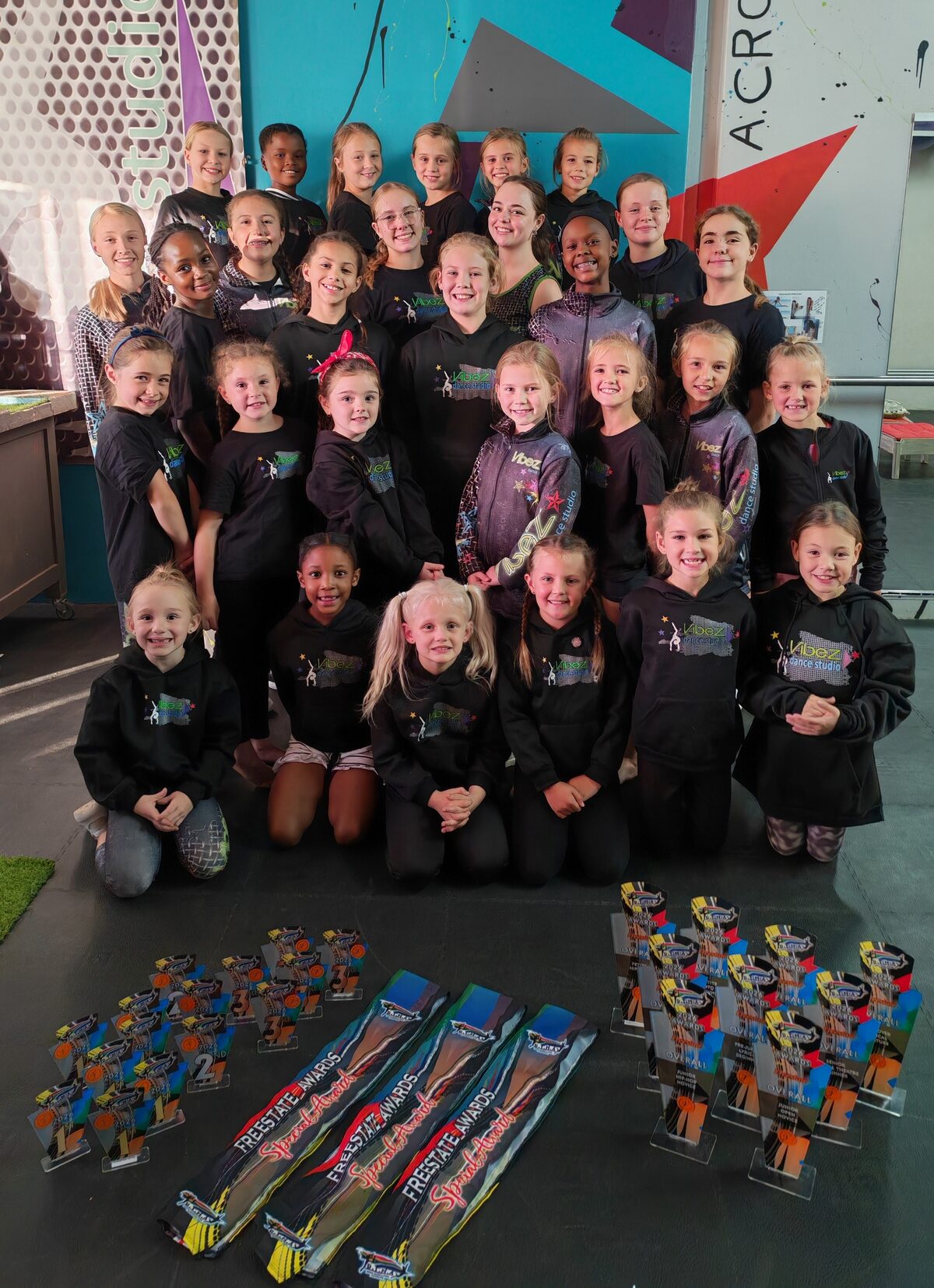 Dancers from Vibez Dance Studio who took part in the trial round of the DTMA Dance Competition held in Bloemfontein on 24 and 25 April are, front: Eden Palvie, Iphendule Jwaqu, Leah Vosloo, Li-Mari Bothma, Kara Fourie and Wilansje du Toit; second row: Miane Stiglingh, Ane Erasmus, Hayleigh Byliefeldt, Su-Esmi Martin, Mila-Ne Botes, Miandre Nel and Reinieke Conradie; third row: Bonolo Maikhoso (special award), Eva van der Merwe, Micah du Bruyn, Refentse Matsie and Chelsea Joubert; fourth row: Nicolle Snyders, Ivandri Olwage, Dominique Joubert, Caitlin Betts and Lache Dresser; back: Khloe Beket, Realeboha Kompi (special award), Mihandri van der Linde, Kaylee Stiglingh, Leah Blignaut (special award) and Mia Meiring. Absent: Mila Roos. PHOTO: Supplied