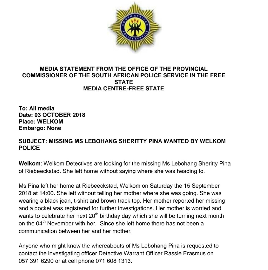 Lebohang Sheritty Pina disappeared from Riebeeckstad 8 years ago