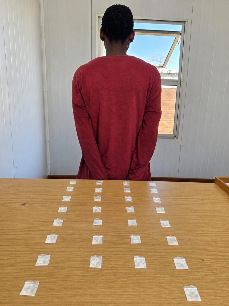 Police officers confiscated 18 small ziplock bags of nyaope and 12 small packets of crystal meth.