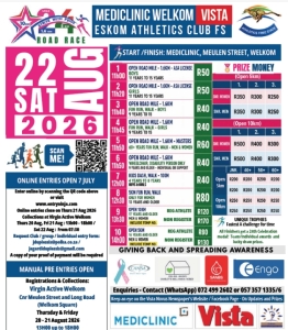 Strive with Pride as countdown begins for the annual Mediclinic Welkom Vista Eskom Athletic Club Road Race