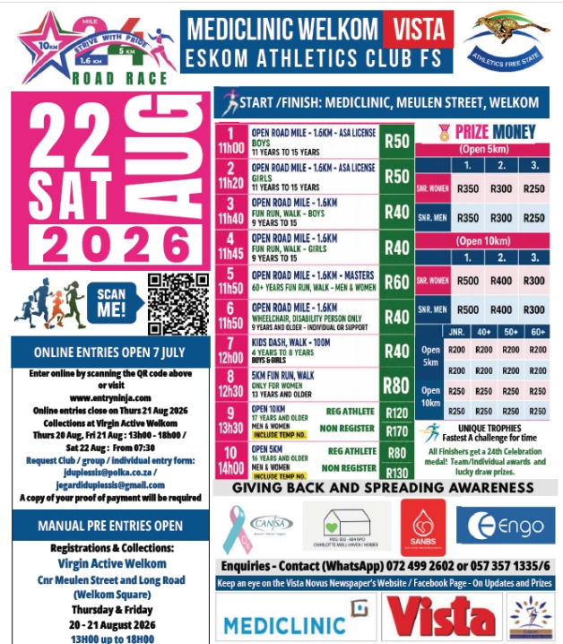 Strive with Pride as countdown begins for the annual Mediclinic Welkom Vista Eskom Athletic Club Road Race