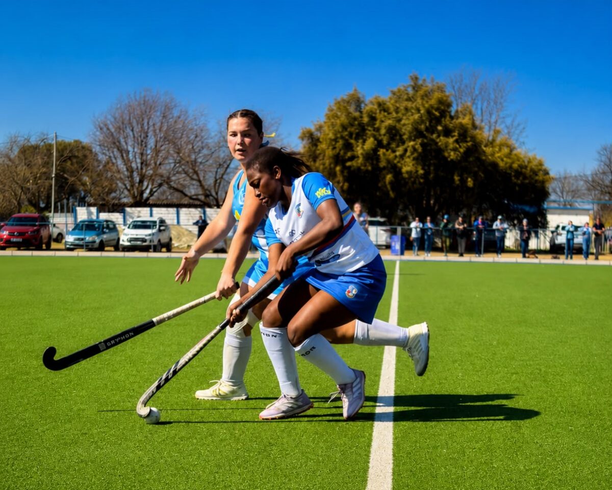 Elizabeth Mabena van die Goudveld-Hoërskool (voor) het bygedra tot die eerste span se oorwinning van 5 – 1 oor die Hoërskool Fichardtpark in meisieshokkie. FOTO: Verskaf