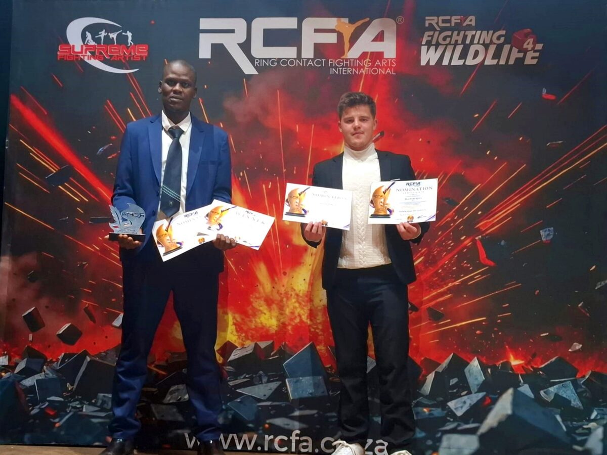 Sensei Joe Gladstone Ralejoe of RCFA Bhubezi Fight Club (left) with his star student, Brandon Kelly.