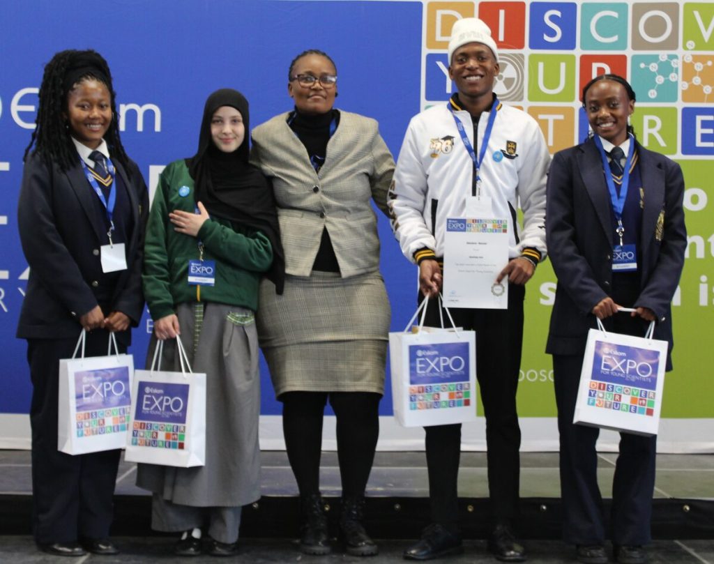 Some of the Eskom award winners, from the left, Liana Wanga Mohlakoana, Sara Makhsouss El Idressi,  Belinda Keli (Eskom), Bokamoso Monyane and Kelebohile Tsoeunyane.