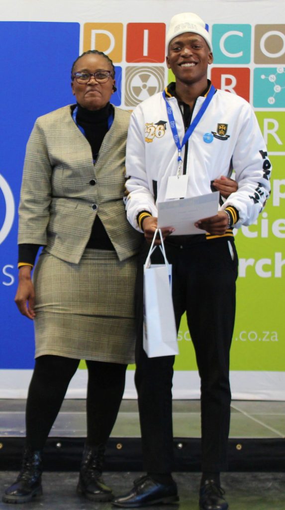 The Best Development project was awarded to Bokamoso Monyane of Mamellang Thuto Secondary School. With him is Belinda Keli (Eskom).