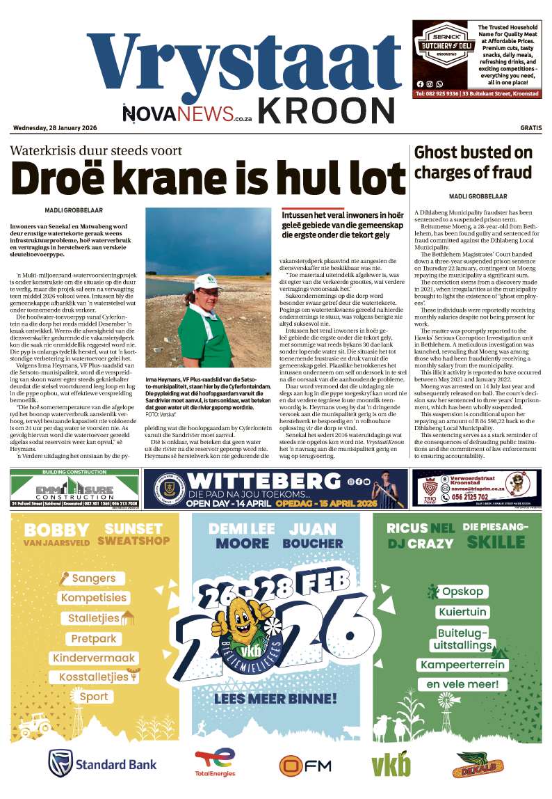 Voorblad van VrystaatKroon 28 Januarie 2026.
