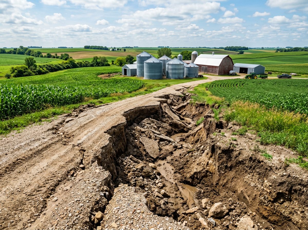Dirt road severely eroded with large cracks and collapsed sections near farm silos and barns.