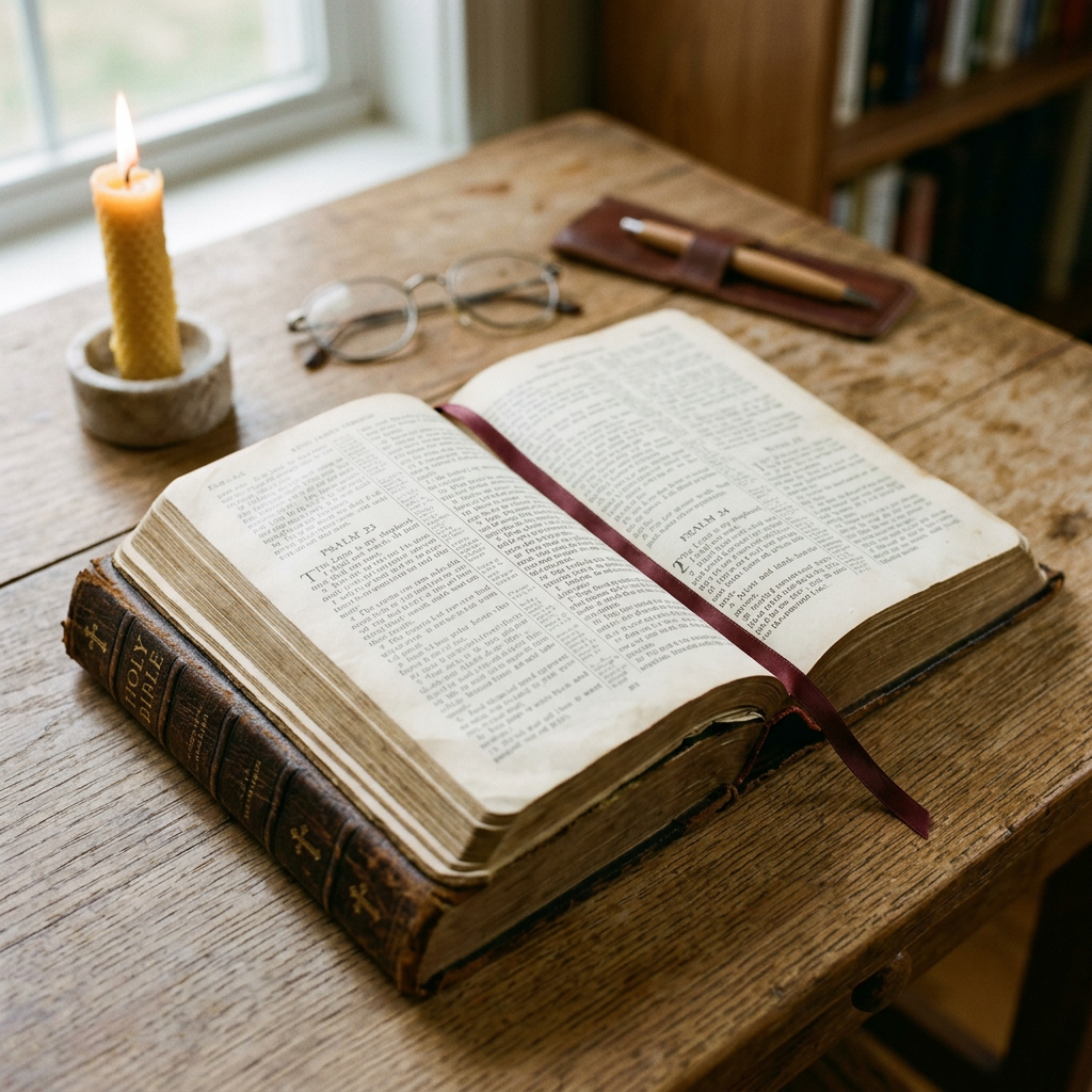 Open Holy Bible on wooden table with lit candle, reading glasses, and pen case.