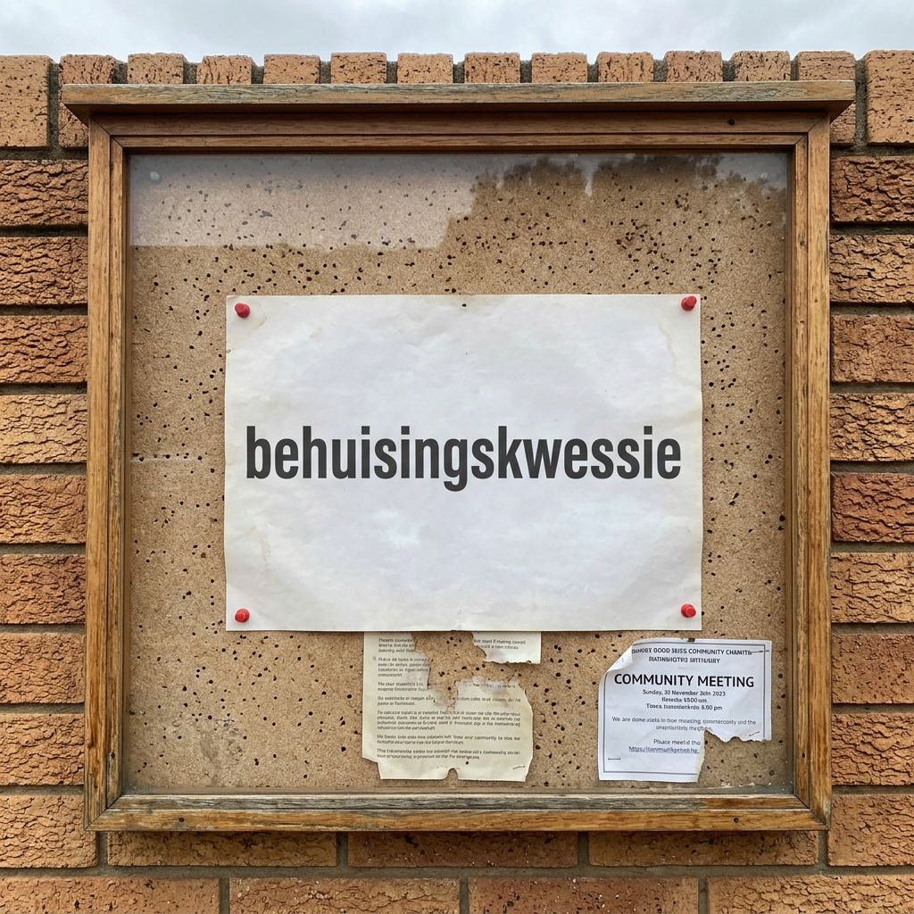 Bulletin board with paper titled behuisingskwessie pinned