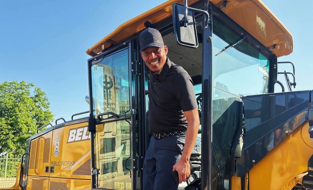 Cllr Ramasimong Phohlo Tau (executive mayor of the Moqhaka Local Municipality) on one of the municipal machines during the launch of the fleet.