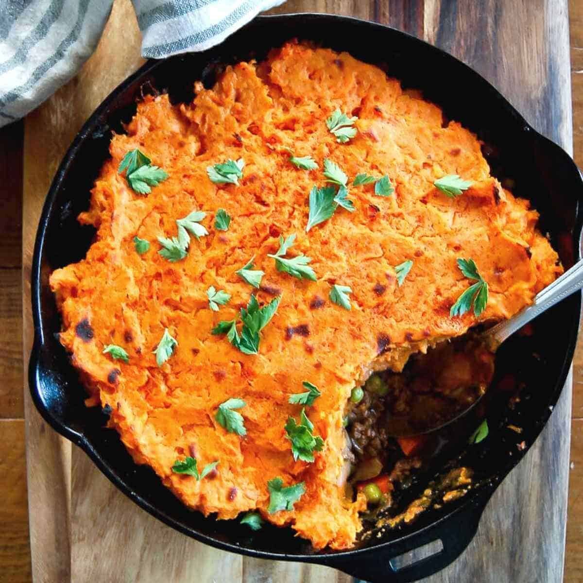 A hearty sweet-potato cottage pie.