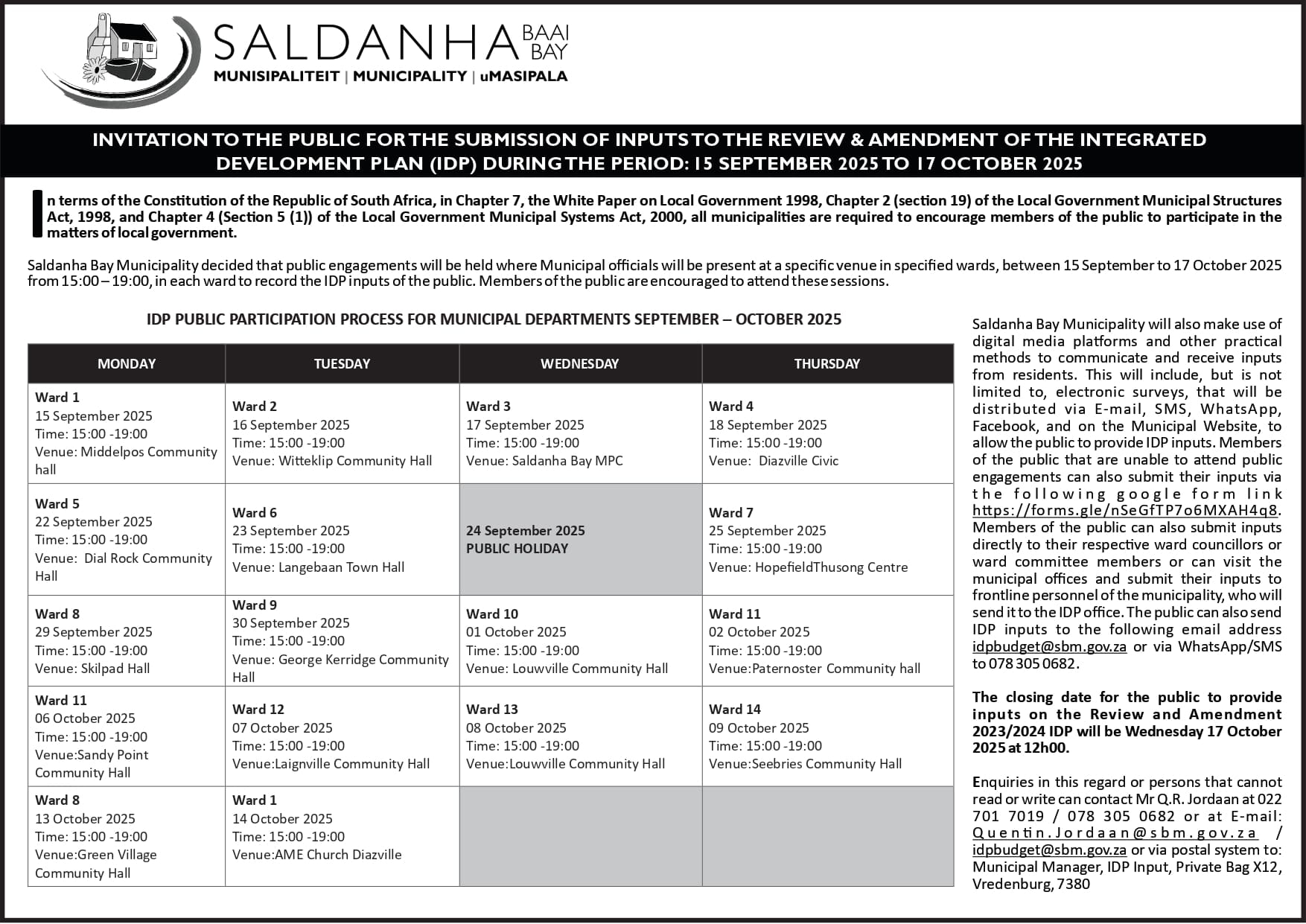 Die rooster vir Gop-vergaderings in die Saldanhabaai- munisipale gebied.