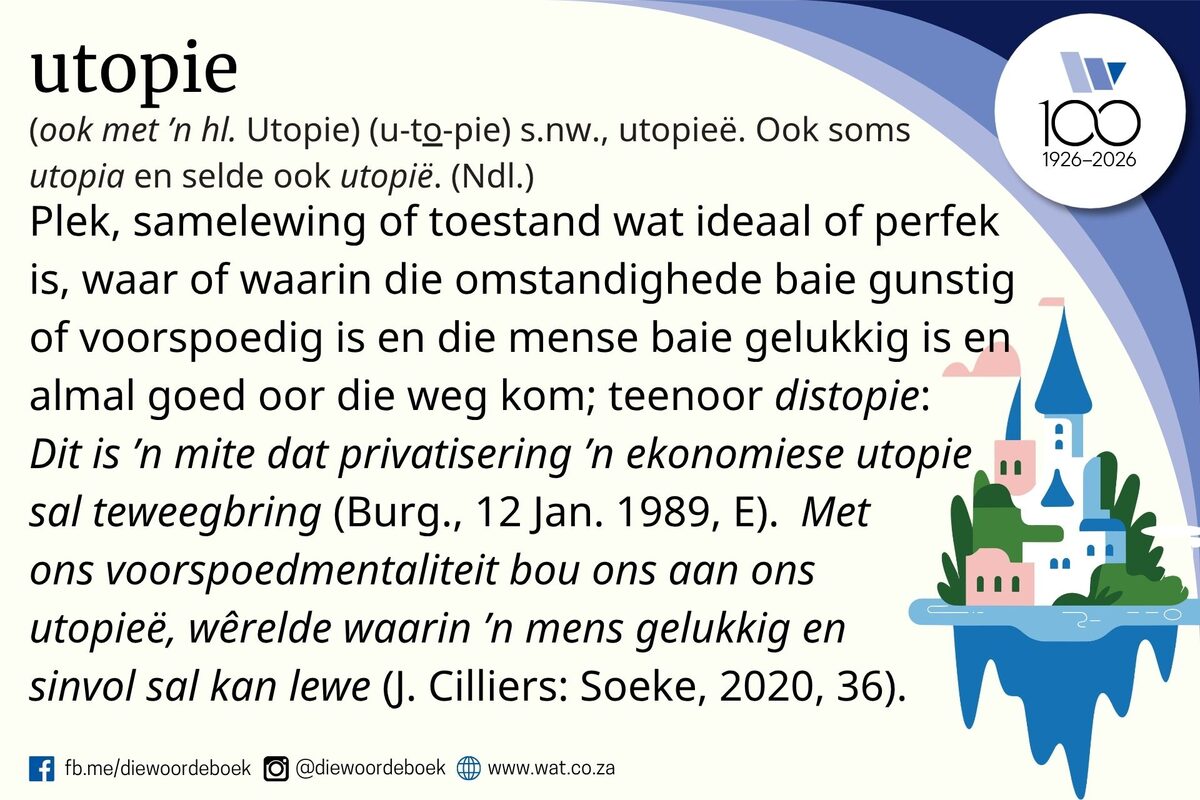 Elke week neem die Woordeboek van die Afrikaanse Taal (WAT) ons saam op 'n ontdekkingstoer van interessante Afrikaanse woorde en idiome. Wil jy dalk 'n woord in die WAT borg of selfs 'n nuwe woord help insluit wat nog nie daar is nie? Dit is ook 'n unieke geskenkidee vir taal- en woordliefhebbers.Besoek WAT by www.wat.co.za om meer te leer.