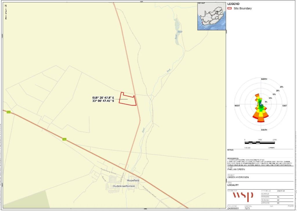 Die ligging van die beoogde aanleg is 3 km van Hopefield af.
