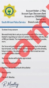Fraudster impersonates Vredenburg SAPS officer to solicit blanket donations