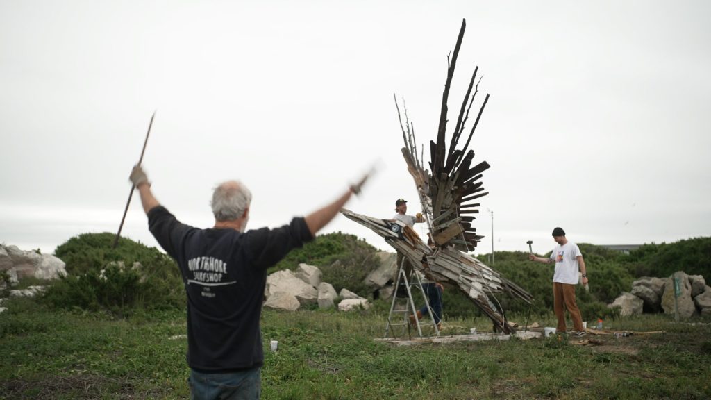 Six-metre Cape gannet sculpture Koos Malgas installed on Lambert’s Bay Bird Island.