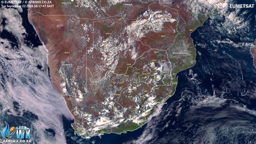 'n Satelietfoto van die storm wat p pad is. Foto: afriwx.co.za
