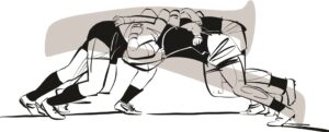 Tande en vuiste ingelê by rugbywedstryd
