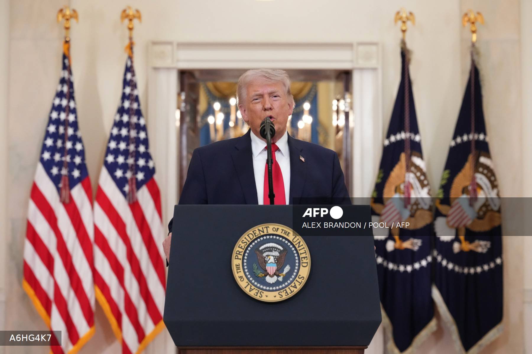 US President Donald Trump speaks during a televised address on the conflict in the Middle East from the Cross Hall of the White House in Washington, DC on April 1, 2026.