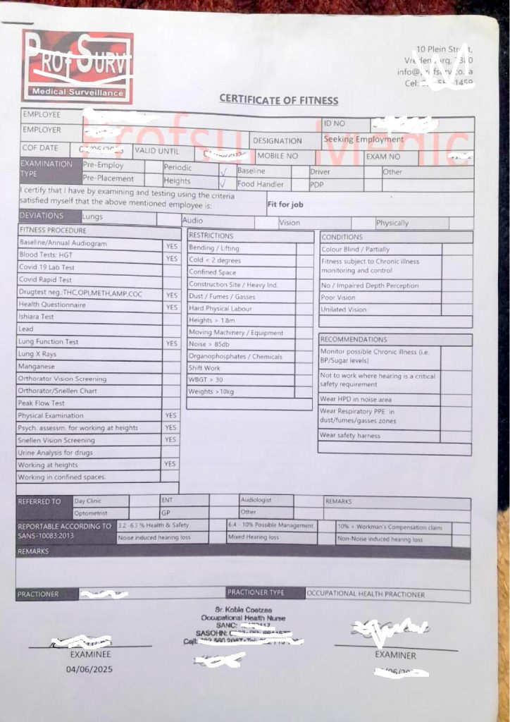 A charge of fraud was laid at the Vredenburg police station on Thursday, 21 August, due to the sale of fraudulent medical certificates that have skyrocketed in Saldanha and Vredenburg in recent days.

Sr Kobie Coetzee of the Profsurv Medical Surveillance Clinic on the West Coast was shocked to uncover the amount of this type of fraud being committed.
