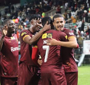 Stellenbosch FC celebrating after scoring a goal in an MTN8 match earlier this season.