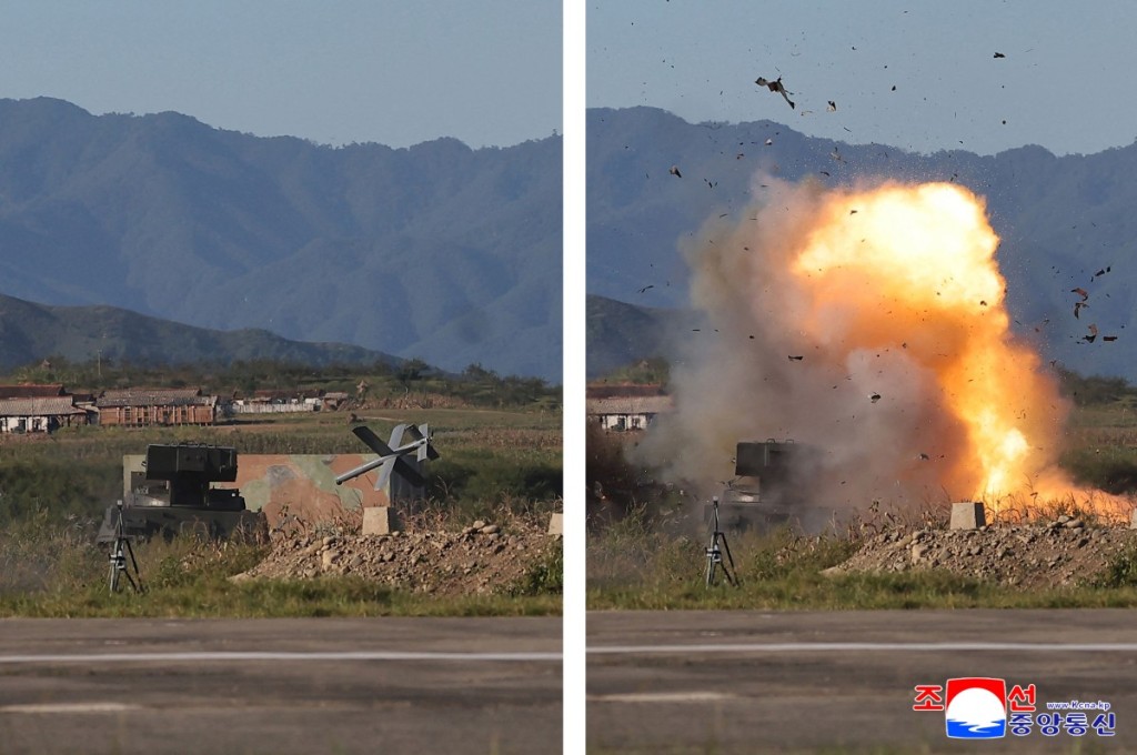 Pictures released from North Korea's official Korean Central News Agency (KCNA) via KNS on Friday shows a performance test of a Kumsong-series of tactical unmanned attack aircraft, at an undisclosed location in North Korea. (Photo by KCNA VIA KNS / AFP)