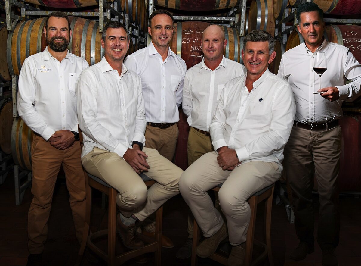 The 2025 Diners Club Winemaker of the Year finalists (from left) are Schalk Opperman (Quoin Rock), Coenie Snyman (Rock of Eye), Johnnie Calitz (Glen Carlou), Werner Schrenk (Peter Falke), Louis Strydom (Ernie Els) and José Condé (Stark-Condé).