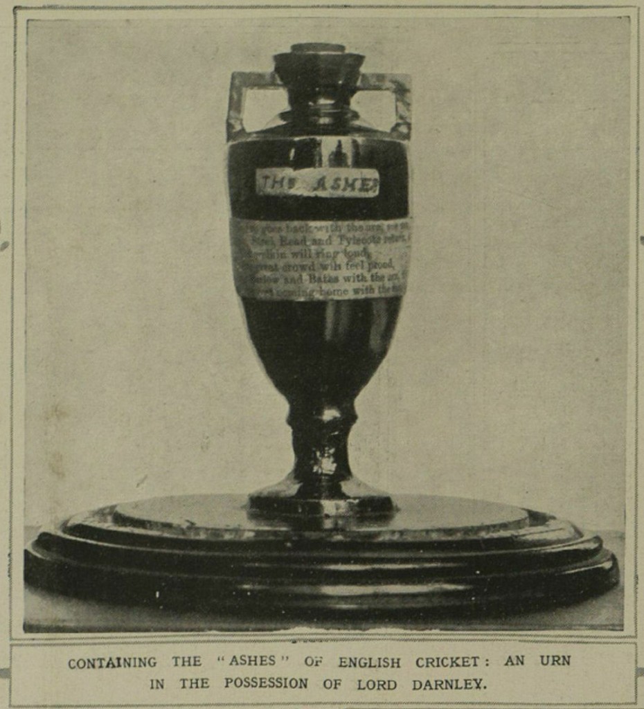 a small urn, thought to contain the ashes of a bail used in the third match, were presented to Bligh by a group of women