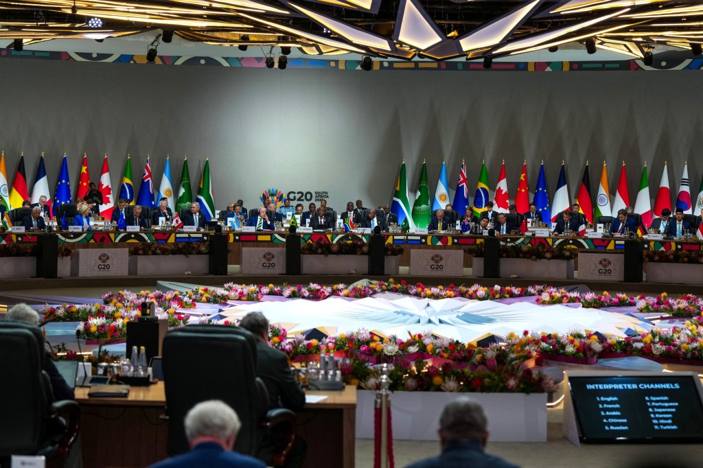 South African President Cyril Ramaphosa gives the opening speech as he chairs the G20 Leaders' Summit.