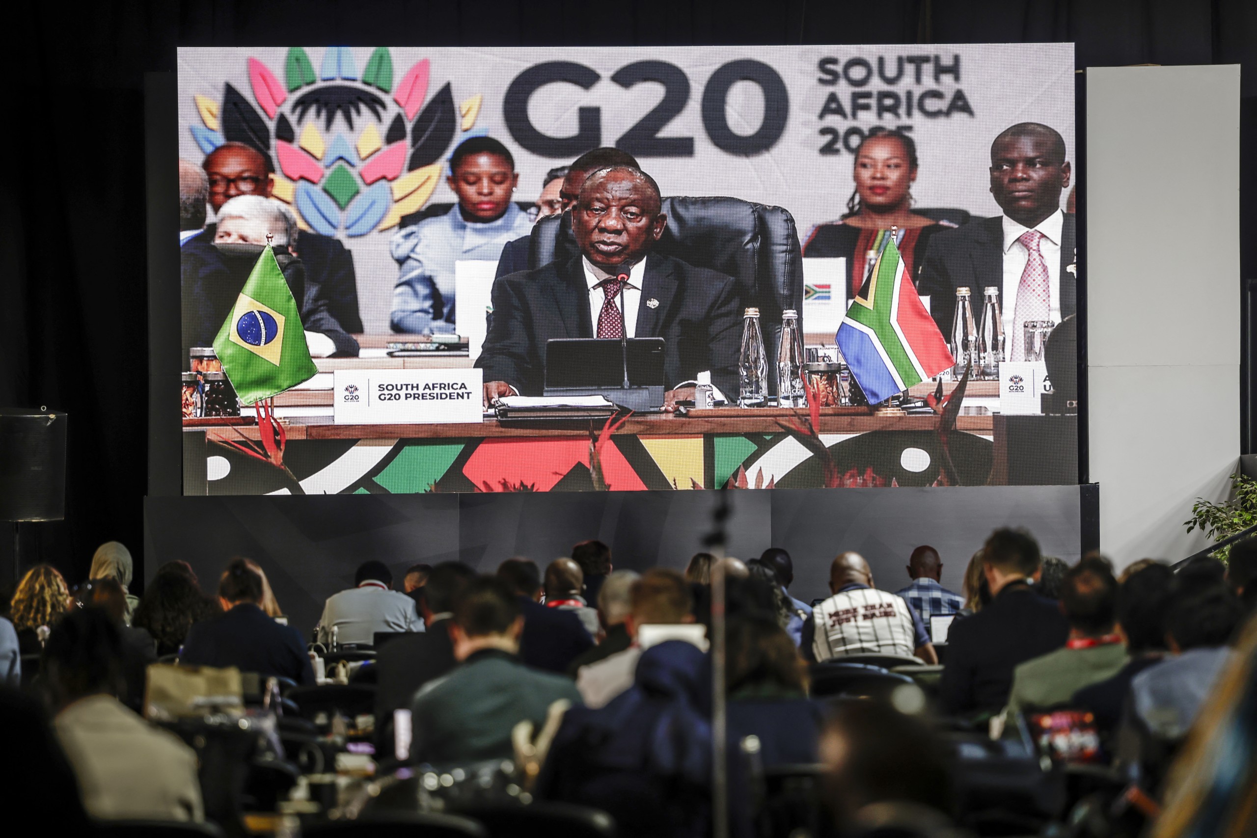 South African President Cyril Ramaphosa gives the opening speech as he chairs the G20 Leaders' Summit.