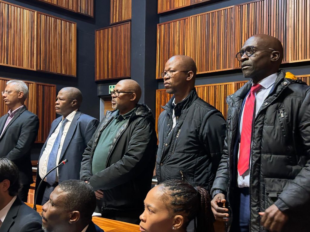The Transnet-5 appeared in court today facing charges of corruption in the multi-billion rand Transnet corruption case. The latest accused is former government minister, Malusi Gigaba, right. With him is Anoj Singh - former Group Chief Financial Officer, Brian Molefe - former Group Chief Executive Officer, Siyabonga Gama - former Chief Executive Officer and Thamsanqa Jiyane - former Chief Procurement Officer in the Transport Freight Rail division.