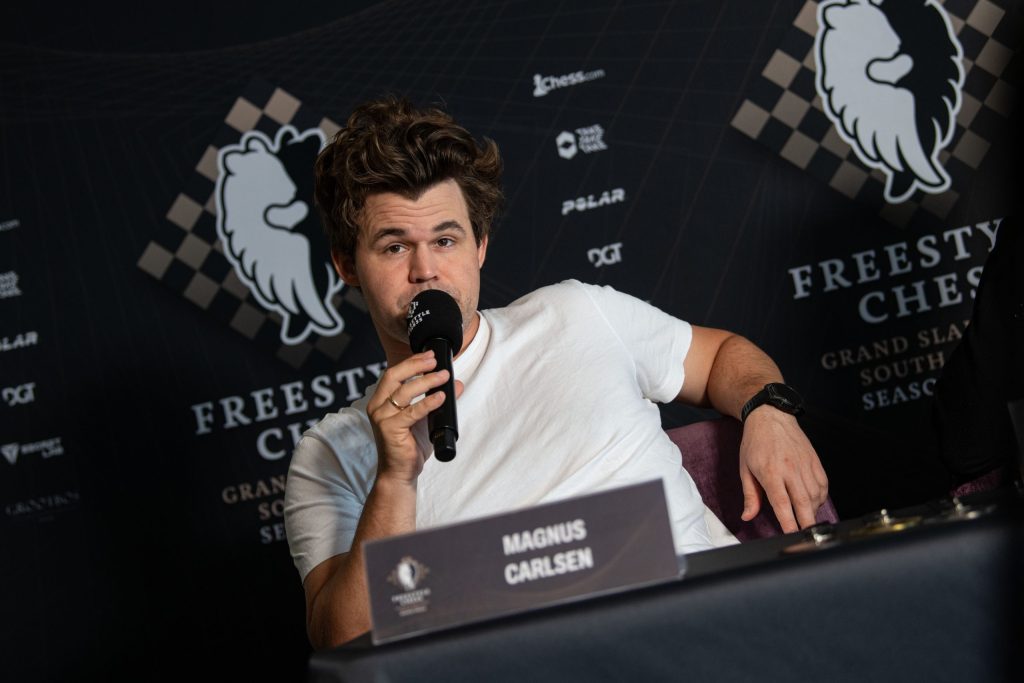 Norwegian world champion Magnus Carlsen addressing the media at the Silo Hotel.