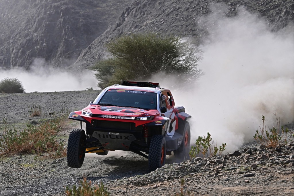 Toyota Gazoo Racing's South African driver Henk Lategan and co-driver Brett Cummings compete in Stage 2.