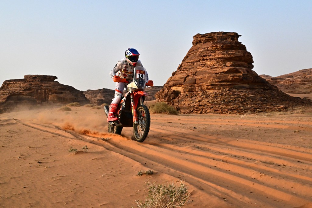 South African rider Michael Docherty on his motrobike at the the Dakar Rally.