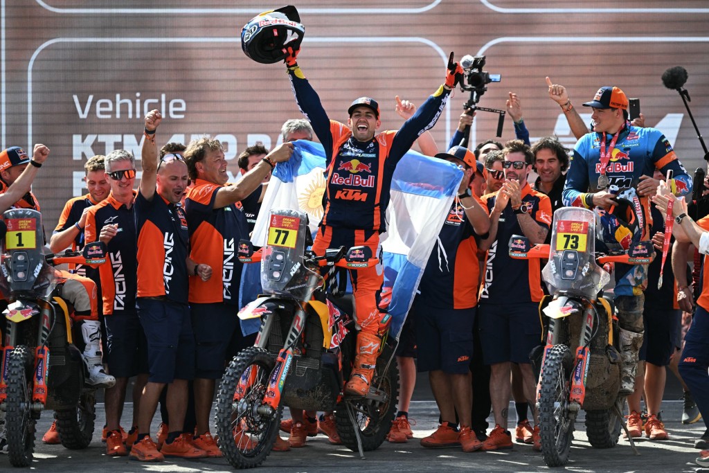 Argentine rider Luciano Benavides celebrates on the podium. Photo: Giuseppe Cacace/AFP