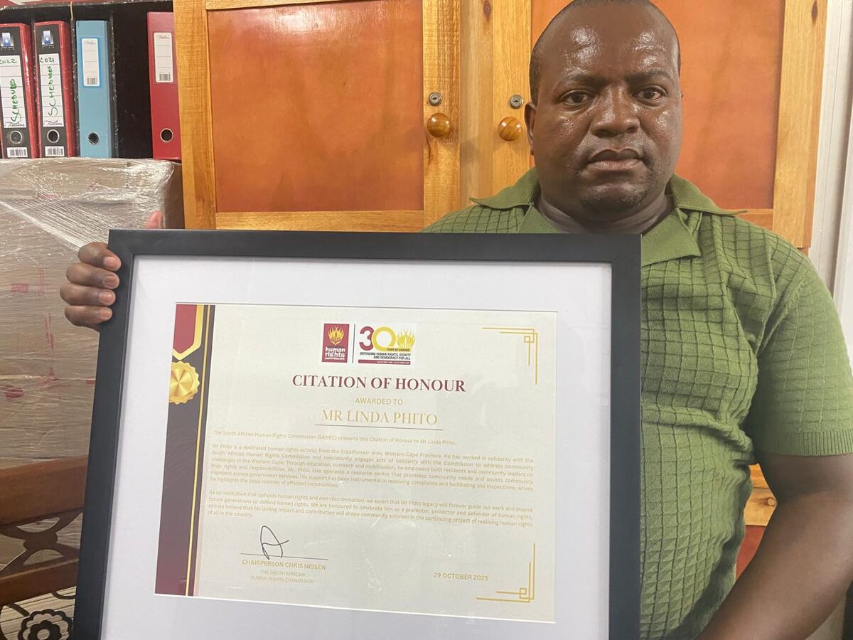 Linda Phito, received a Citation of Honour by the South African Human Rights Commission (SAHRC) for his work in the community of Kraaifontein.