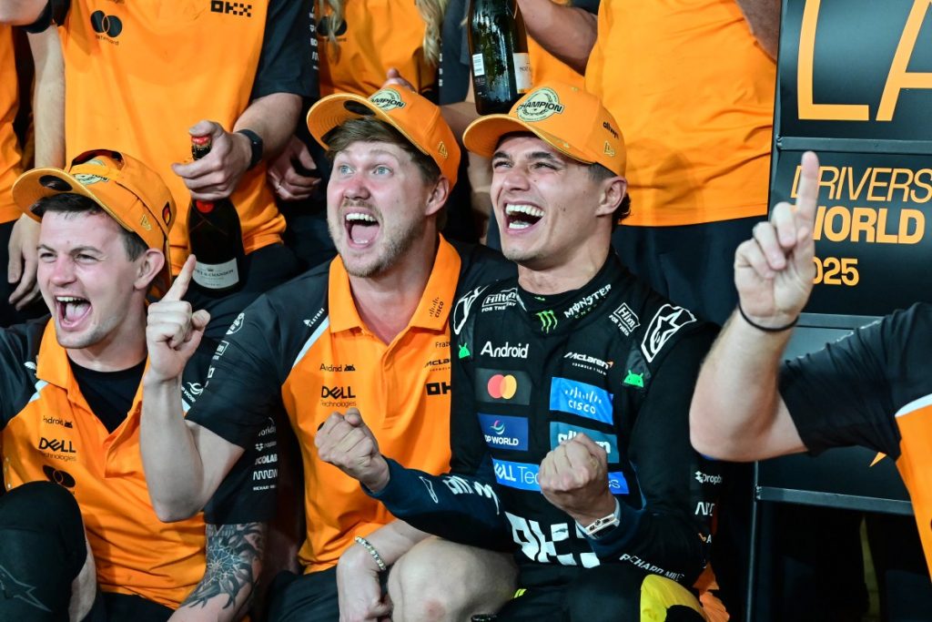 Lando Norris celebrates with his team at the end of the Abu Dhabi Formula One Grand Prix on 7 December 2025